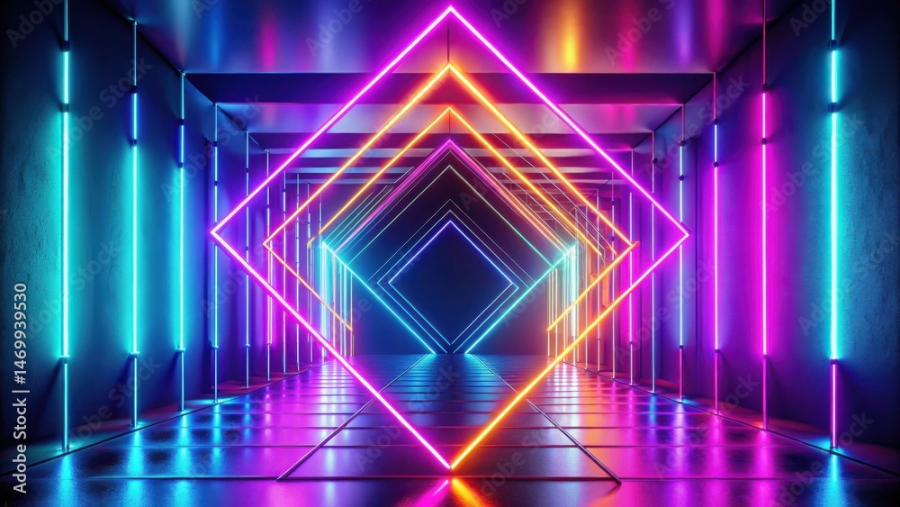 Poster Vibrant Neon Corridor An Immersive Display of Colorful Geometric Light Structures in a Reflective Environment