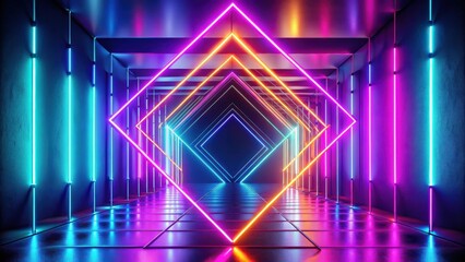 Fototapeta premium Vibrant Neon Corridor An Immersive Display of Colorful Geometric Light Structures in a Reflective Environment