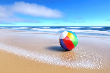 Obraz premium A colorful beach ball resting on golden sand under bright daylight on a sunny beach shore.