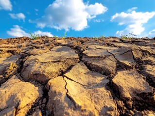 Dried, cracked earth under a vibrant sky