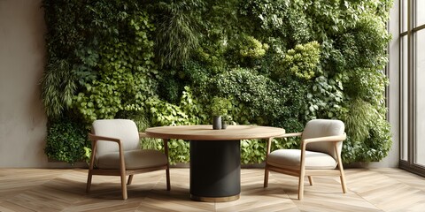 Obraz premium Light oak round table, black base, two chairs, white seats. Green living wall. Bright studio light. Scandinavian, herringbone floor aesthetic.