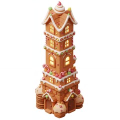 Tall Gingerbread House with Decorative Icing and Candy Ornaments with Warm Interior Glow on White Background