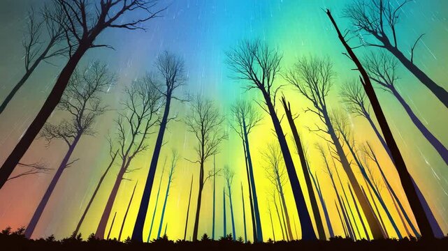 A vibrant, surreal illustration of leafless trees at night beneath a sky filled with glowing streaks of stars and colorful auroras.