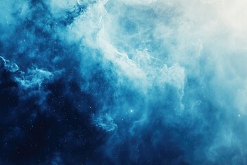 A mesmerizing cosmic landscape of swirling nebulae and scattered stars, painted in shades of deep blue and white.