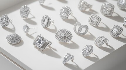 An artistic arrangement of multiple diamond earrings of various designs, positioned on a clean white surface, creating a stunning visual display.
