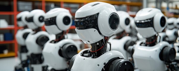 Fototapeta premium A group of advanced humanoid robots stands in a modern industrial facility, ready for deployment or testing.