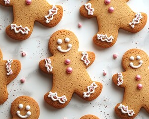 Festive gingerbread men cookies arranged on a white marble surface