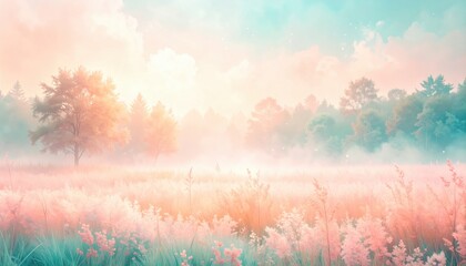 Obraz na płótnie Canvas Serene morning landscape lush meadow digital artwork tranquil setting dreamy viewpoint nature's beauty