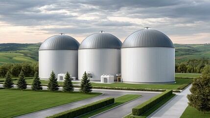 Top-down composition of a solar-hybrid biogas plant showcasing dome reactors, solar tracker arrays, insulated cogeneration units, and green buffer belts lining service roads