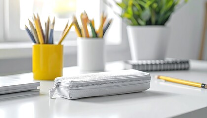 White Pencil Case and School Supplies on Bright Desk