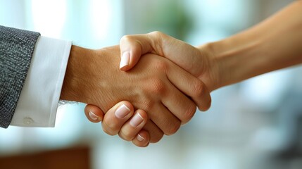 Close-up shot shows a successful business handshake between two professionals finalizing a deal in a bright office showing collaboration and a strong partnership.