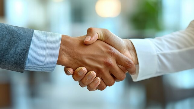 Two business people are closing a deal as they shake hands firmly in a bright office, symbolizing a successful partnership and cooperation on an agreement. - Powered by Adobe