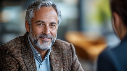 Naklejka premium Smiling mature businessman with gray beard sits confidently du a meeting with a colleague in a bright, modern office environment, radiating experience.