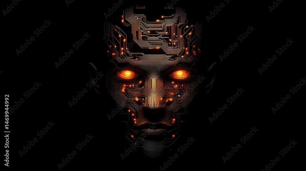 Aufkleber A glowing circuit-themed face with illuminated eyes emerges from a dark background, symbolizing artificial intelligence and futuristic technology.