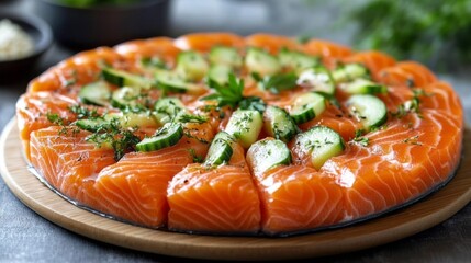 Fresh salmon slices arranged artfully on a wooden platter.