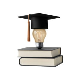 Graduation idea: light bulb and stacked books for knowledge on a transparent background, cut out