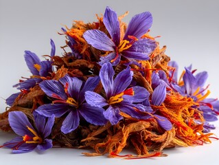 A vibrant pile of freshly harvested saffron flowers and stigmas rests on a clean white background showcasing its rich color and texture.
