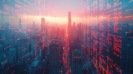A futuristic cityscape bathed in a warm sunset glow is overlaid with glowing digital code, symbolizing technology's pervasive influence in urban environments.