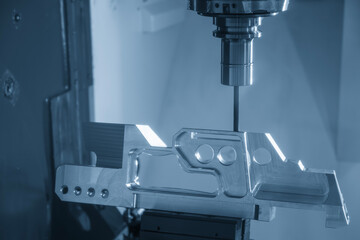 The 5-axis CNC milling machine cutting the aerospace part with solid ball end mill tool in the light blue scene.