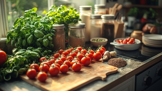 Fresh basil, cherry tomatoes, and garlic sit on a wooden cutting board near a window in a bright kitchen filled with jars and cooking ingredients ready for cooking.