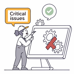 Problem-solving process depicted with laptop and icons representing check and x marks