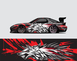 Aggressive Wolf Livery Drift Car Vector Illustration, A bold and dynamic vector illustration of a drift car featuring an aggressive wolf head livery in red, black, and white © Rizen