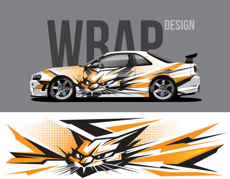 Sport Car Wrap Design with Aggressive Cat Graphic in Orange, Black and White Vector Illustration