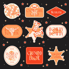 Set of Cowgirl Stickers. Vector Design Elements. Collection of Rodeo Queen. Wild West, Western Themed, Y2K.