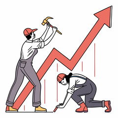Teamwork building a growth chart illustrating business and economic progress