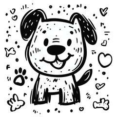 Cute Cartoon Puppy With Hearts And Paw Prints Vector Illustration Doodle Style