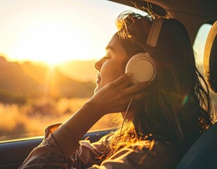 Young woman wearing white headphones and enjoying sunlight while sitting in a vehicle. Backlit by sunset with a serene expression. Golden hour colors and a blurred background.
