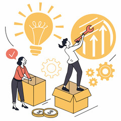 Teamwork and solutions represented by individuals repairing and improving business ideas