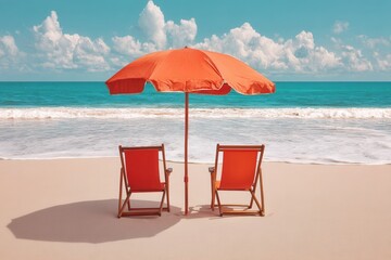 Two empty chairs under a white umbrella on a sandy beach with blue sky and calm sea in daylight.