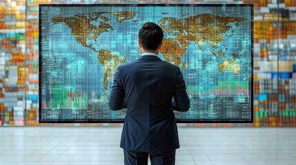 Businessman looking at world map display screen for business analysis