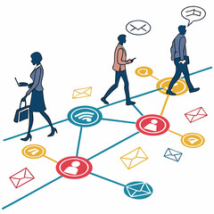 Business professionals connected through digital communication and networking design