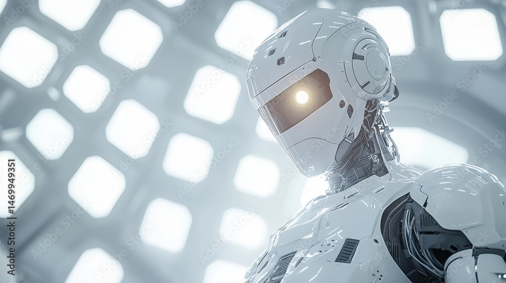 Poster futuristic white robot with illuminated eye in a high-tech, geometric environment.