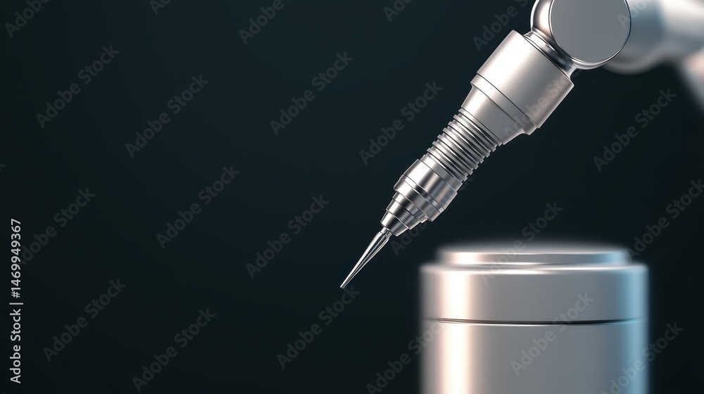 Poster A precise robotic arm equipped with a fine tool is poised above a metallic surface, symbolizing advanced technology and automation.