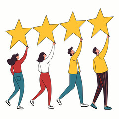 People walking with golden stars illustrating customer satisfaction and excellent ratings