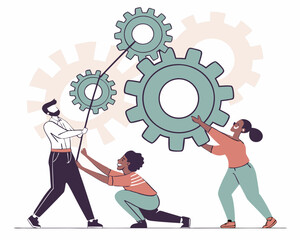 Teamwork illustration of people working together to assemble gear mechanisms concept