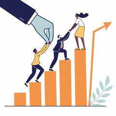 Teamwork and growth illustrated with people climbing a rising graph of success
