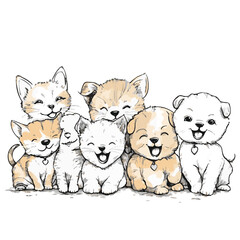 Adorable Kitten And Puppy Group Hug Happy Pets Watercolor Illustration Digital Art