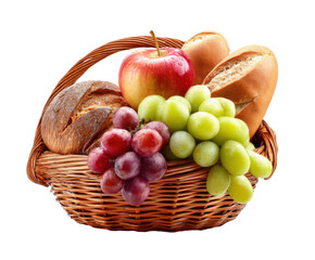 Fruit and bread basket arrangement for healthy living on a transparent background, cut out
