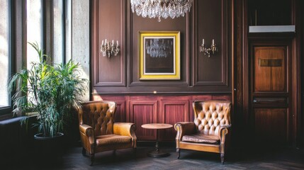 Elegant Interior Design: Vintage Leather Armchairs and Classic Decor
