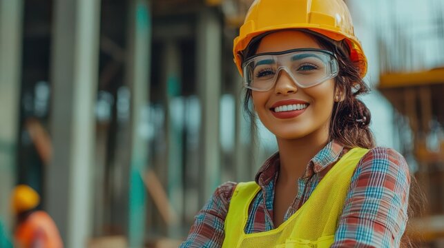 National Labour Day,May day,womens day concept. Happy Latino female worker on construction site on International Women's Day or Labor Day. - Powered by Adobe