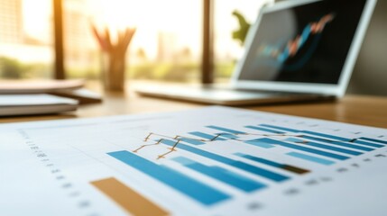 A close-up view of a financial chart with various colored lines depicting market performance over time, set on a sleek desk with a blurred background.