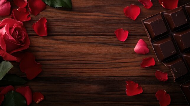 red rose petals leaves and heart chocolate on a wooden desk for valentines day holiday. romantic love wallpaper background for web design or print. Generative AI