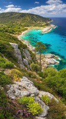 Scenic daytime view of a sandy beach and blue ocean from a green hillside overlooking the coastline.