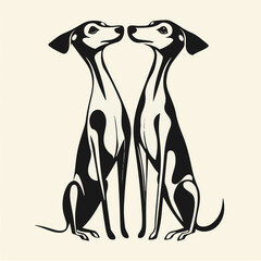 Elegant Black And White Vector Illustration Of Two Sitting Italian Greyhound Dogs Facing Each Other