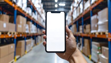 Hand Holding Smartphone with Blank Screen in Warehouse