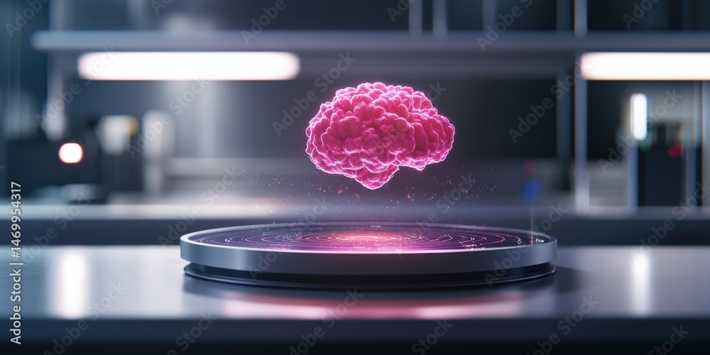 Aufkleber a glowing digital brain hovers above a futuristic platform in a high-tech laboratory environment.